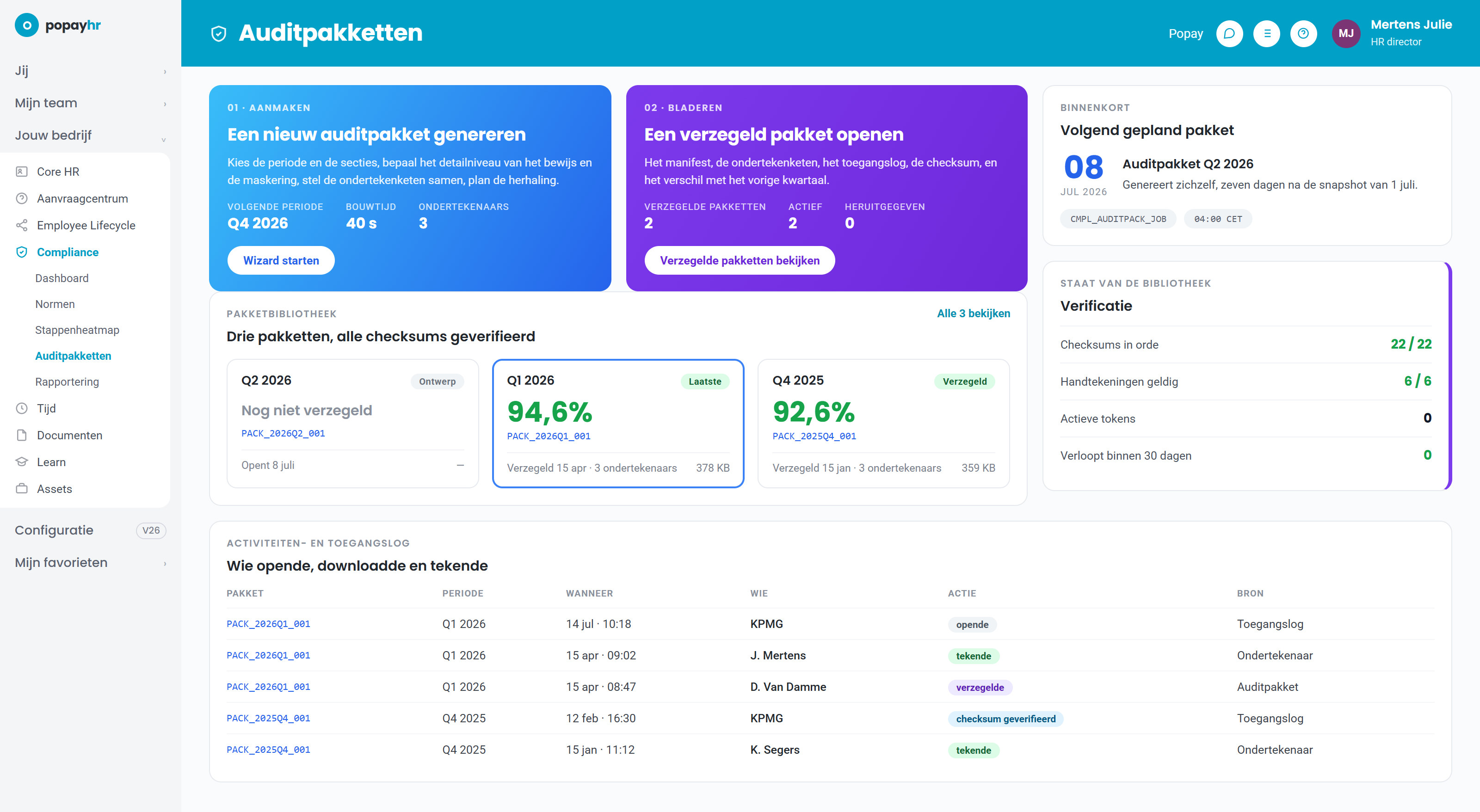 De bibliotheek met auditpakketten: verzegelde kwartaalpakketten met hun compliance rate, checksums en handtekeningen