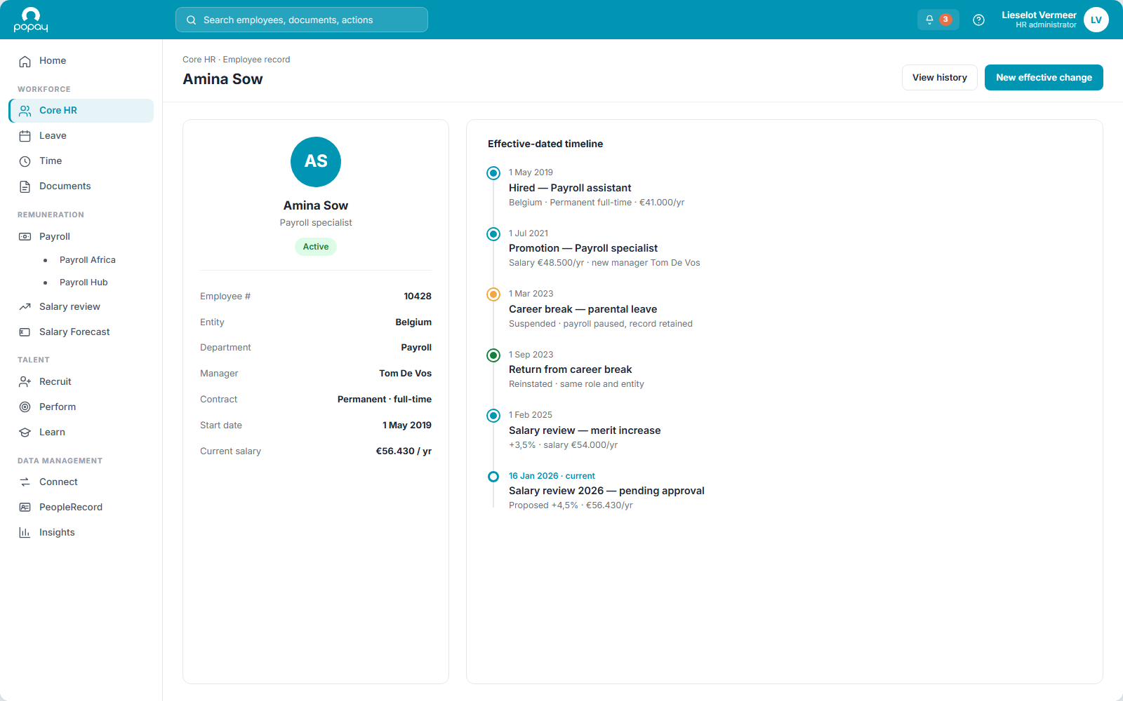 Popay Core: the employee record beside its effective-dated timeline