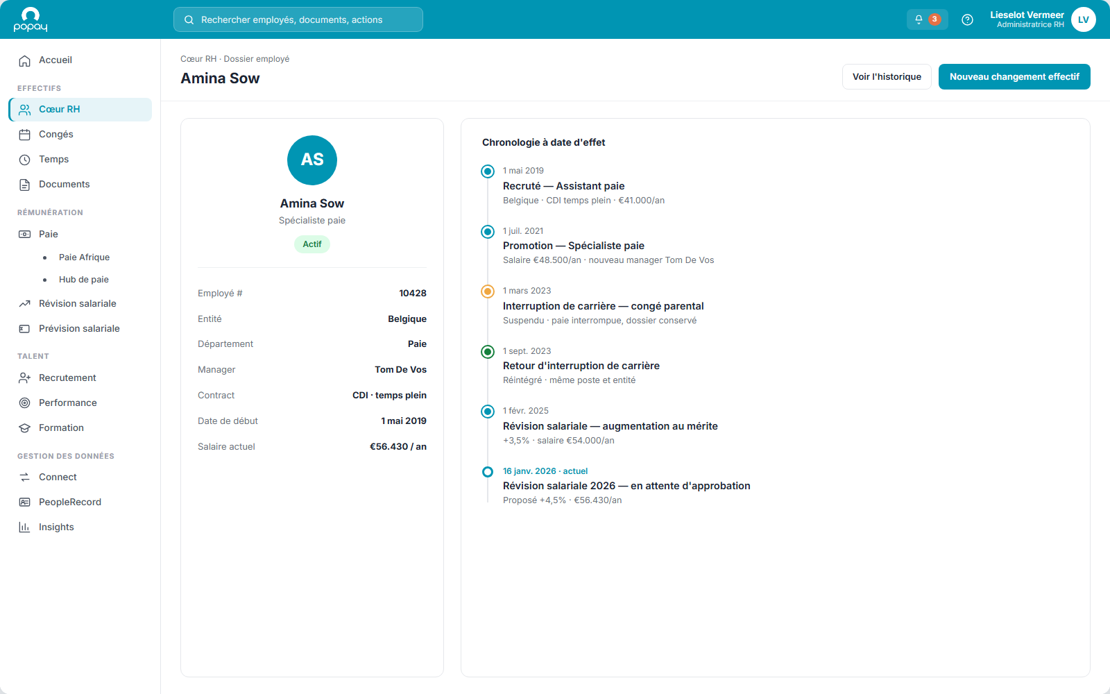 Popay Core : le dossier employé à côté de sa chronologie datée