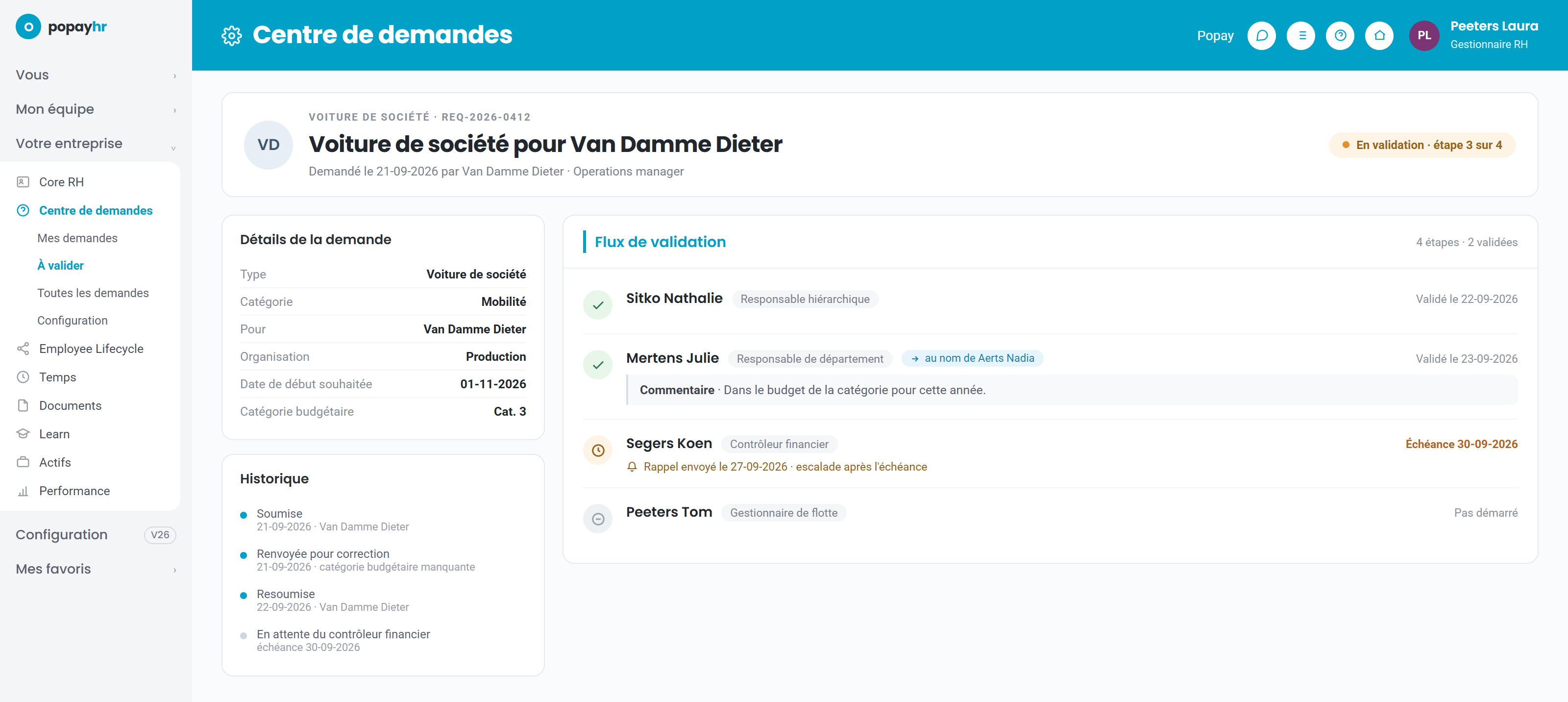Une demande de voiture de société dans Popay HR : un flux de validation en quatre étapes, avec le responsable hiérarchique et le responsable de département validés, le contrôleur financier en attente avec son échéance et son rappel, et le gestionnaire de flotte pas encore démarré.
