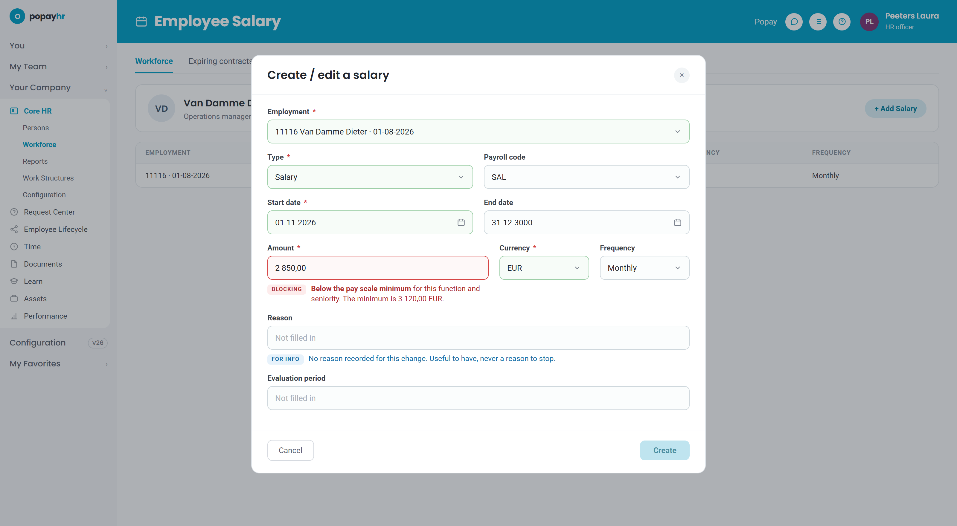 A salary being entered in Popay HR: the amount is below the pay scale minimum, which blocks the save, and the missing reason is flagged for information only.