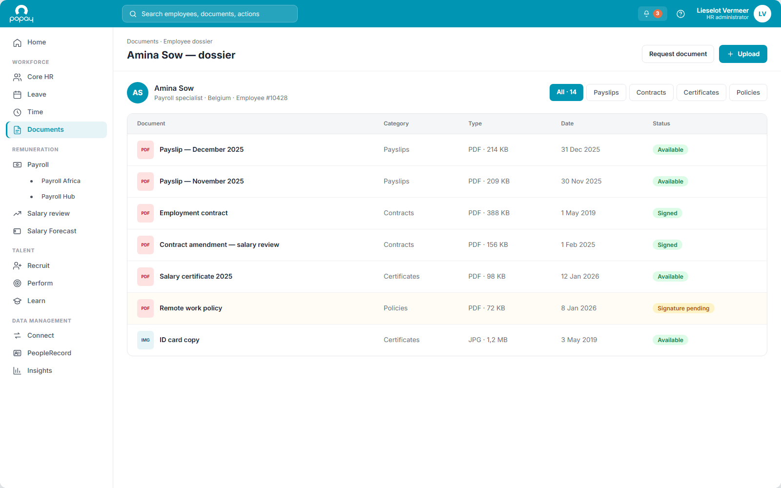 Popay Docs, an employee's document list with file counts, upload and read-and-sign flags
