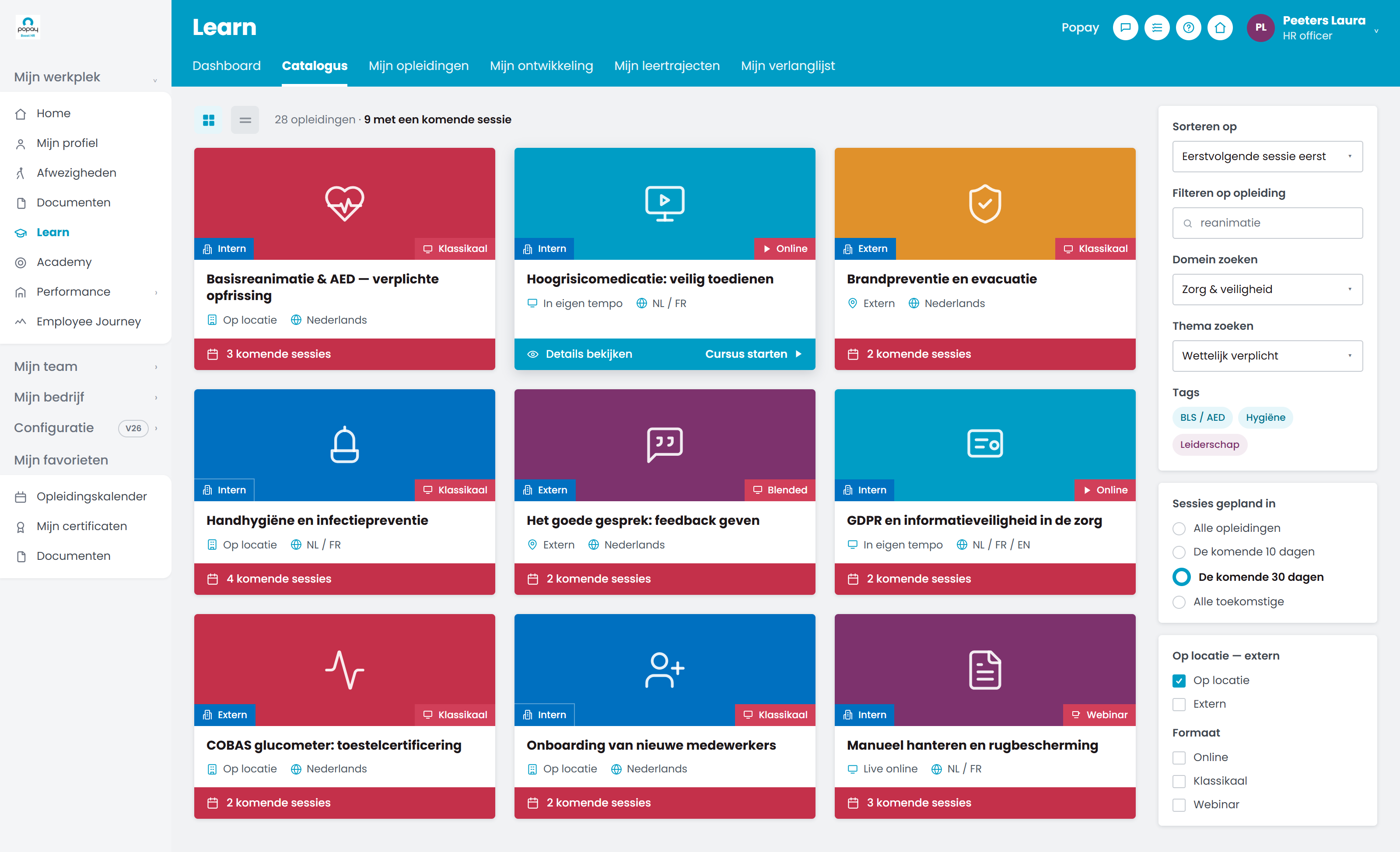 Popay Learn opleidingscatalogus met filters, sessiebadges en komende evenementen