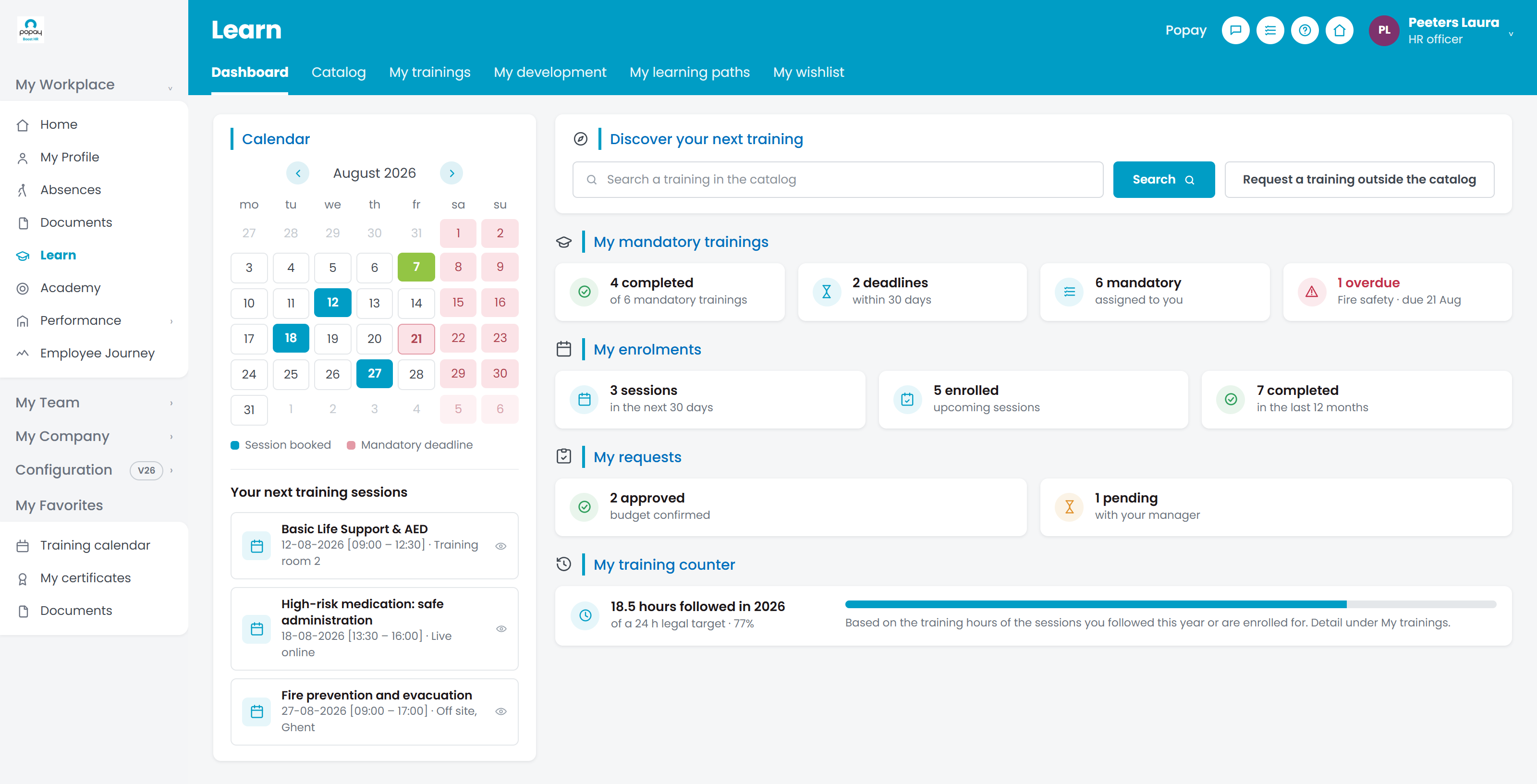 Popay Learn dashboard with mandatory training deadlines, enrolments, requests and the yearly training-hours counter