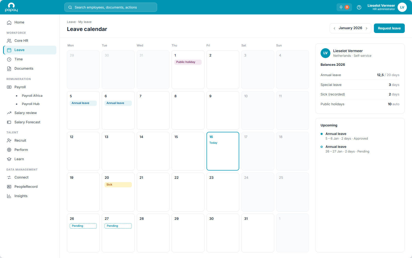 Popay HR leave calendar with employee balances