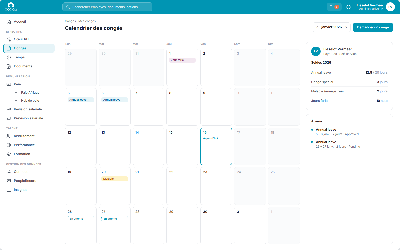 Calendrier des congés Popay HR avec soldes des collaborateurs