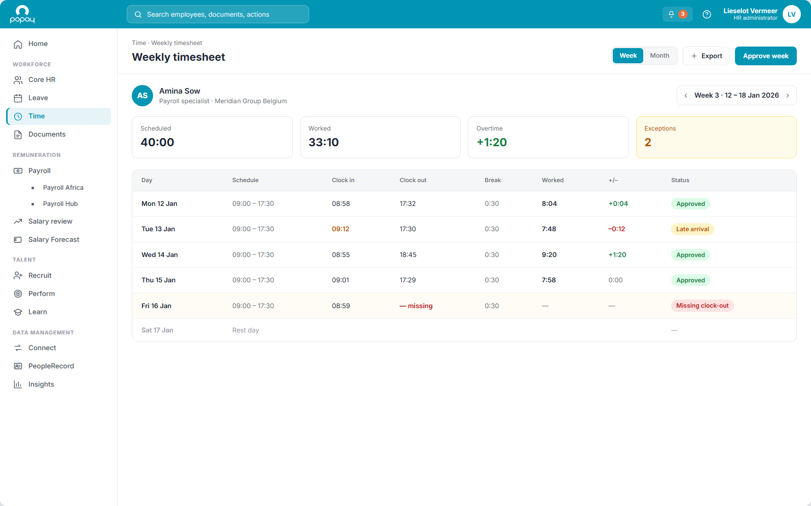 Popay HR timesheet: weekly hours, schedule and flagged exceptions